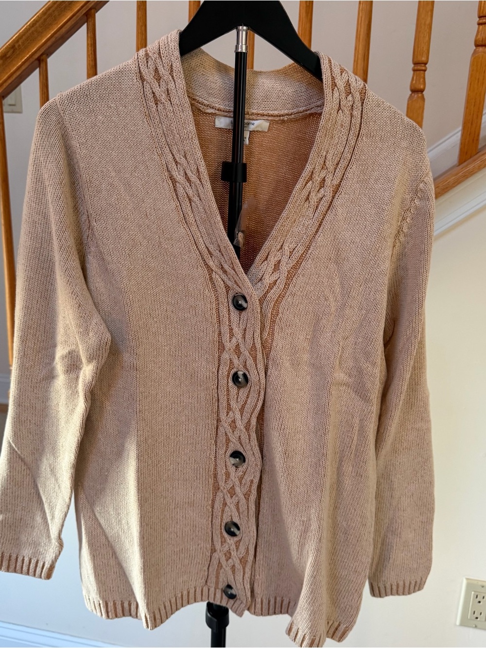 Liz Claiborne Cable-Trim Button Cardigan - Tan - Picture 3 of 7